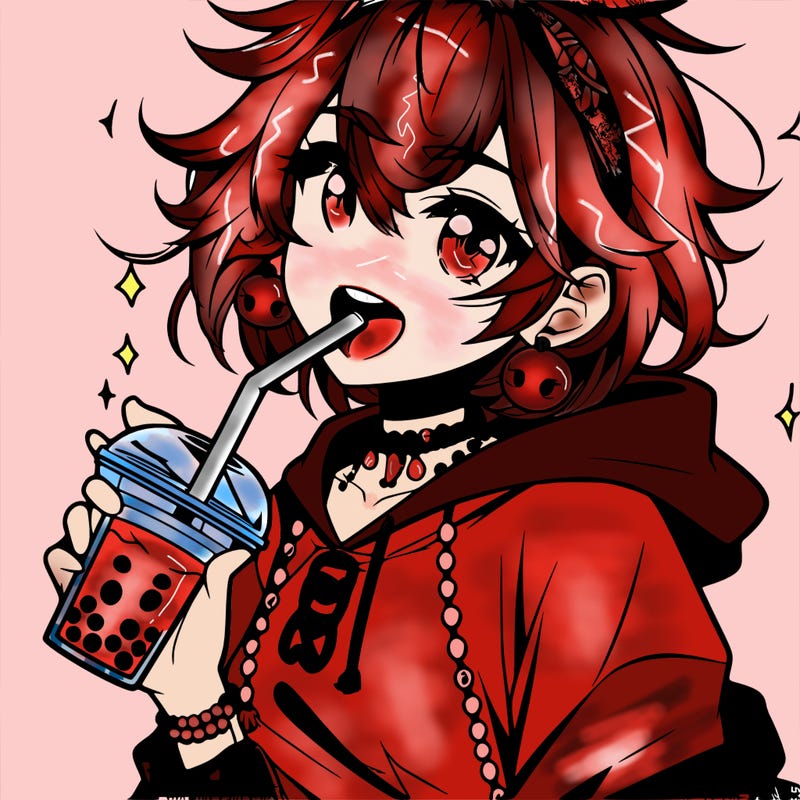 hot baddie anime girl drinking boba and biting the straw