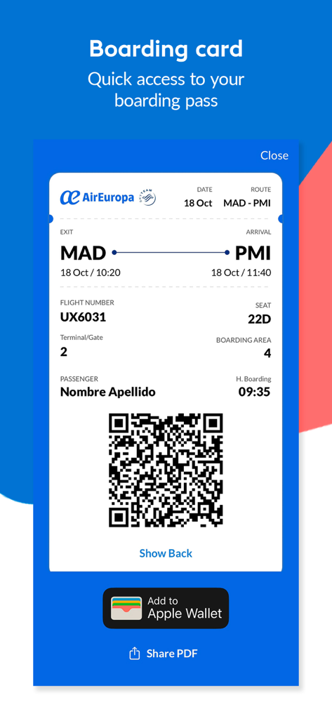 Pantalla de la aplicación móvil Air Europa que muestra una tarjeta de embarque digital con detalles del vuelo y código QR