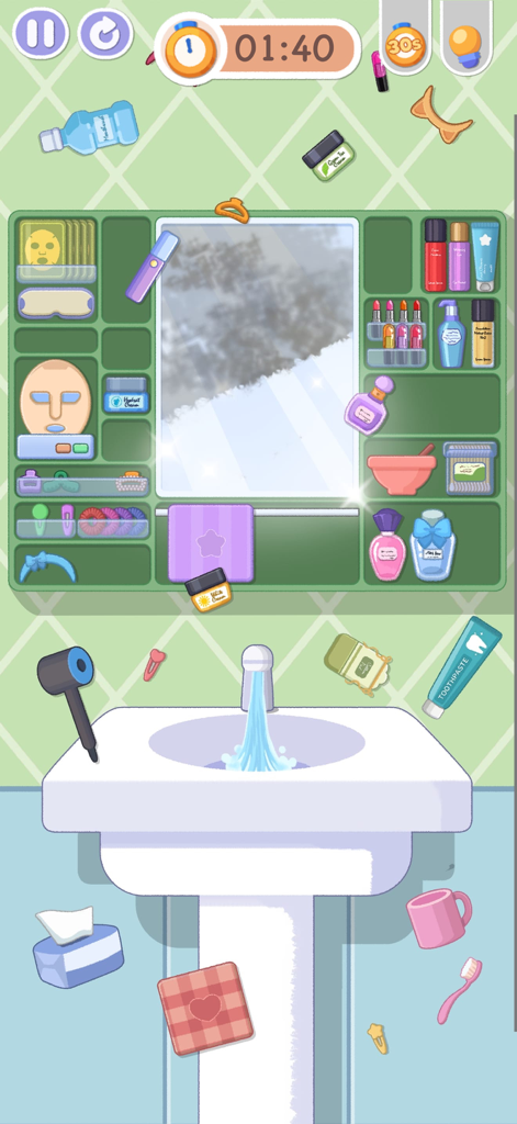 Tidy Up - Satisfeel ASMR - Un lavabo de baño desordenado con varios productos de maquillaje y cuidado de la piel esparcidos por un estante listos para ser organizados en el juego Tidy Up ASMR.