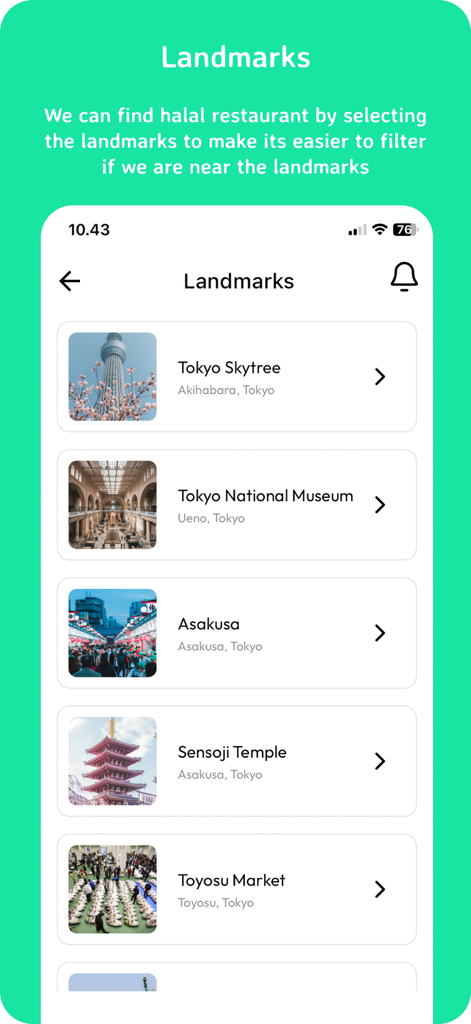 Halal Navi - Halal Navi app screen showing a list of Tokyo landmarks like Tokyo Skytree and Asakusa to find nearby halal restaurants