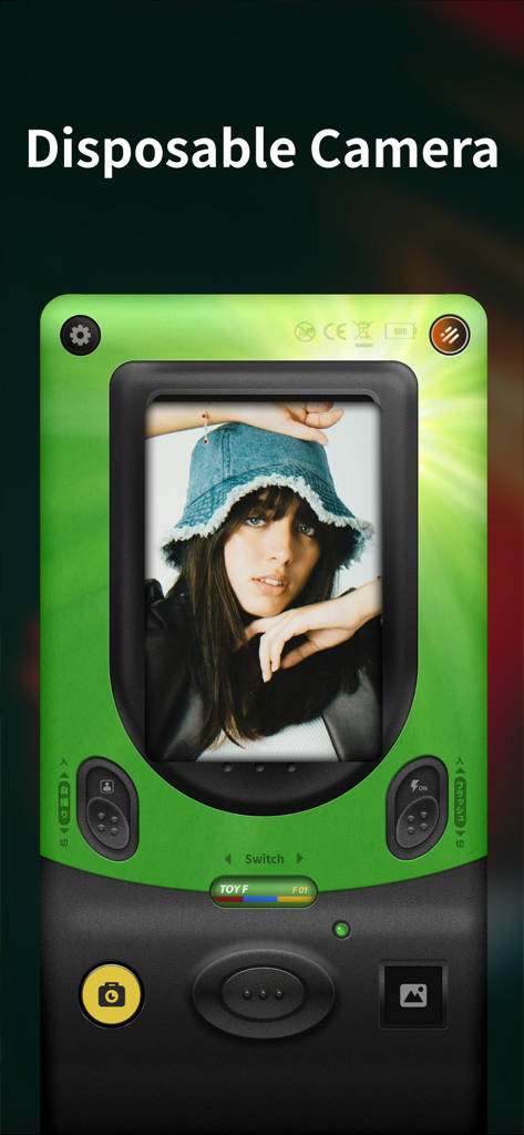 OldRoll app interface featuring a green vintage disposable camera skin with a photo of a woman in a bucket hat