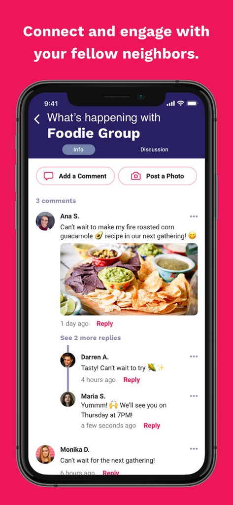 Cobu - Power Genuine Community - Una captura de pantalla de la aplicación Cobu mostrando un chat del Grupo Foodie donde los vecinos interactúan y comparten fotos