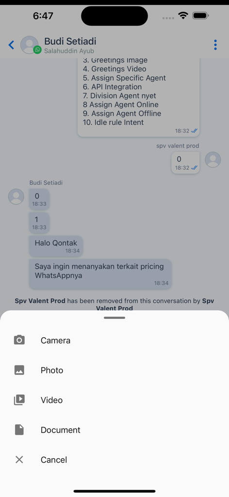 The Qontak Chat mobile app interface showing a conversation and the menu for attaching files like photos and videos.