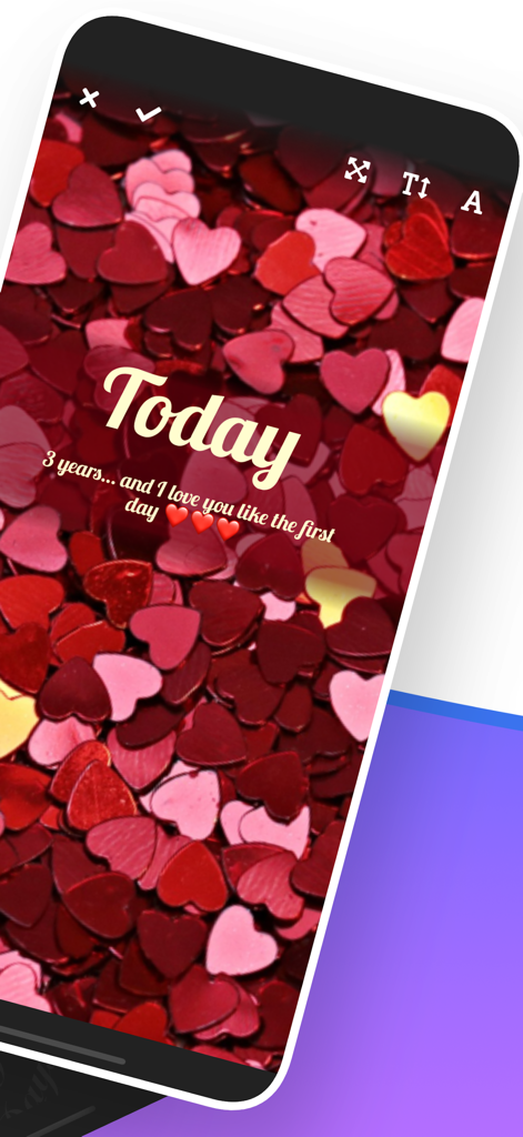 Big Days - Events Countdown - Big Days app screen showing a three year anniversary milestone with heart confetti background and romantic text