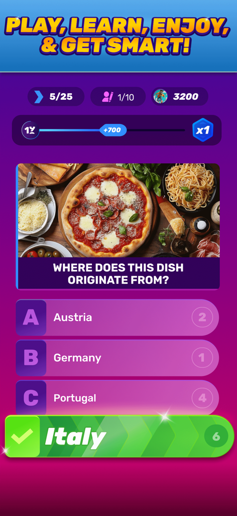 A trivia question about the origin of pizza and pasta with Italy selected as the correct answer