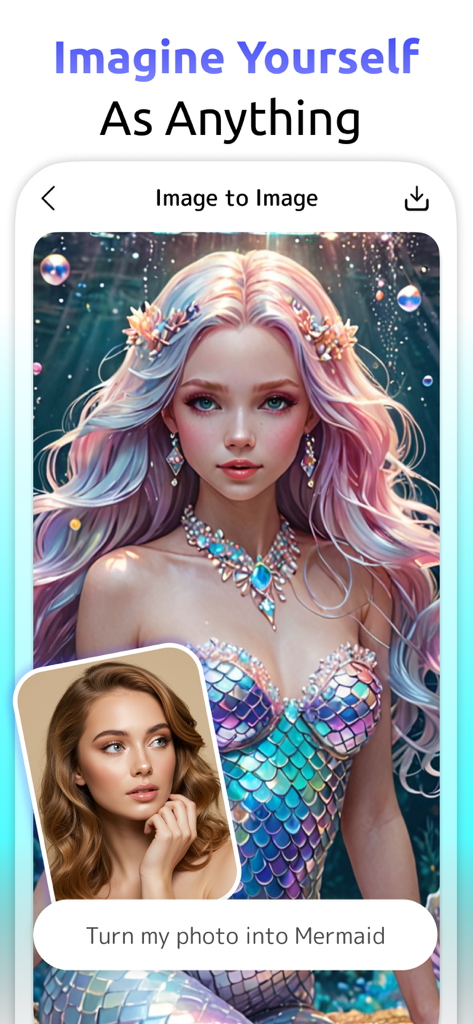 Ein Screenshot der YouCam AI Pro App, der die Bild-zu-Bild-Funktion zeigt, die ein Frauenporträt in eine Fantasy-Meerjungfrau verwandelt.