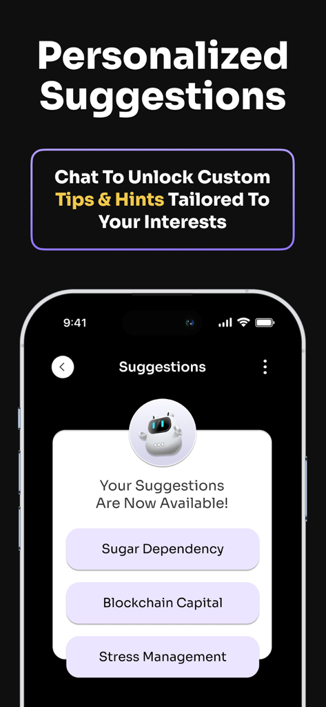 ChatAssist App-Oberfläche, die personalisierte KI-Vorschläge zu Themen wie Stressbewältigung und Zuckersucht zeigt