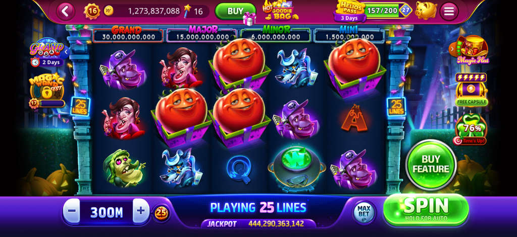 Gameplay screen of DoubleU Casino showing a Halloween themed slot machine with monster symbols and huge chip jackpots