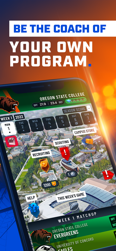 The Program: College Football - Smartphone screen showing the campus map and recruiting interface in The Program College Football management game