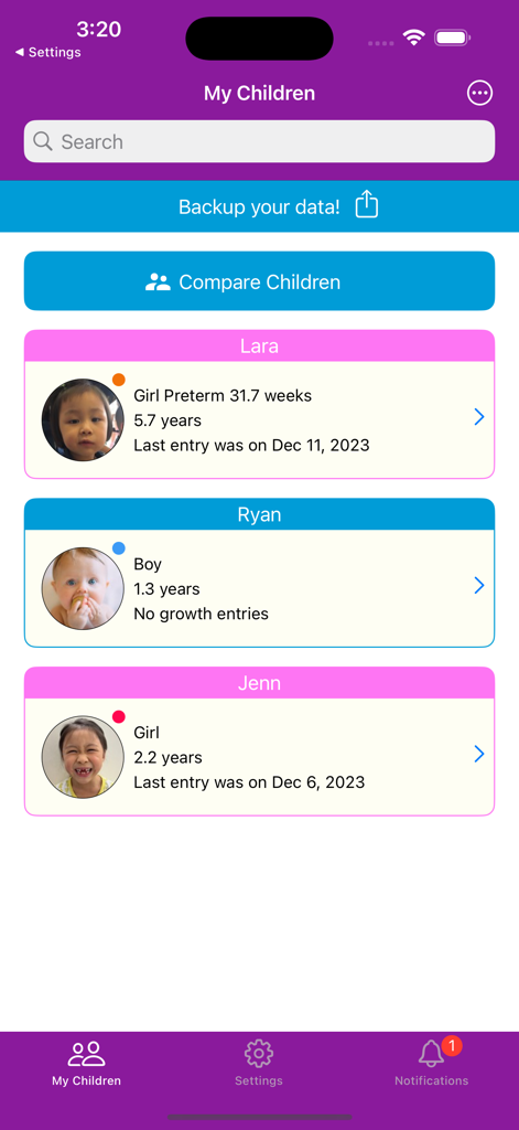 My Children dashboard in the app showing multiple profiles with names ages and growth tracking information