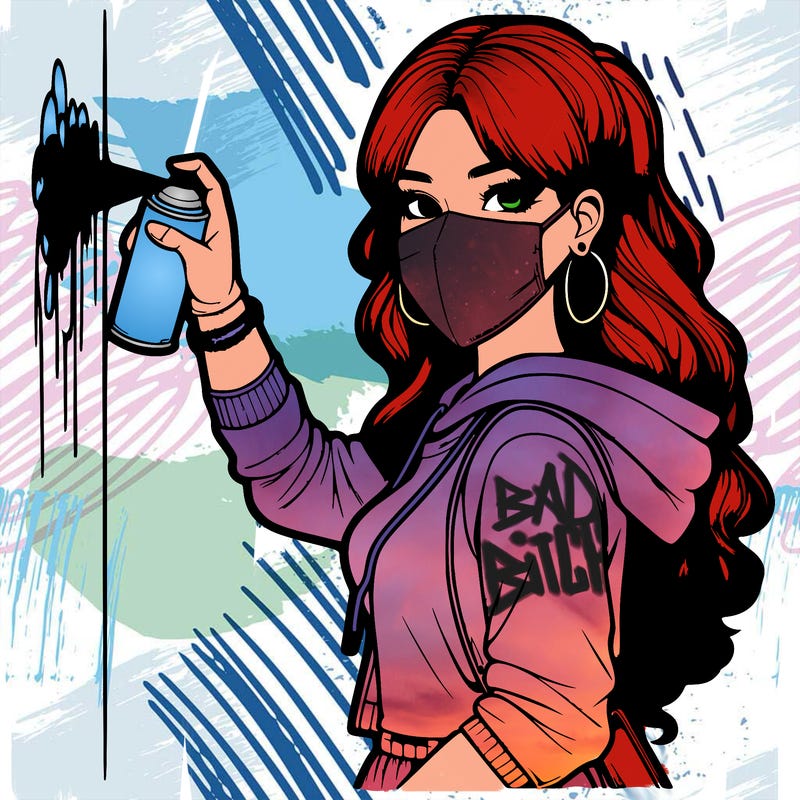 realistic girl with mask spray painting a wall