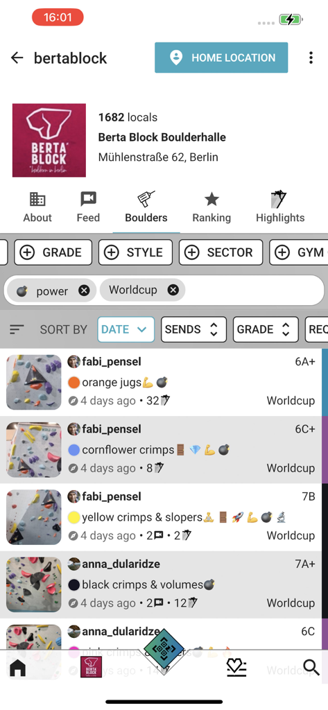 BETA7 - BETA7 app interface displaying a list of bouldering problems and difficulty grades at a climbing gym.