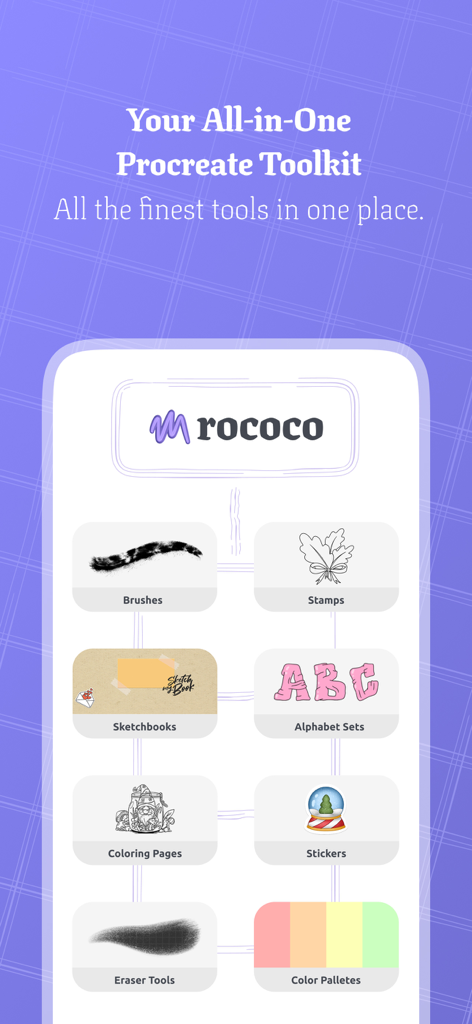 Tools & Brushes for Procreate - Una pantalla de menú de la aplicación Rococo que muestra categorías de herramientas de Procreate, incluyendo pinceles, sellos y paletas de colores.