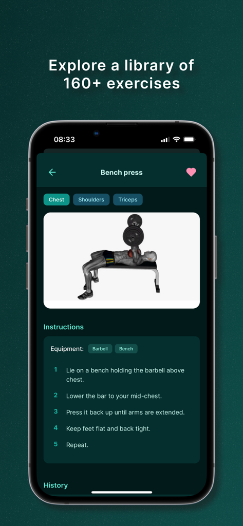 SetLog - SetLog app interface showing bench press exercise instructions and the library of over 160 exercises