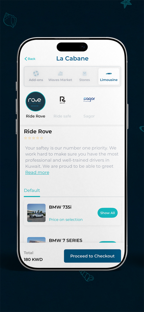 Waves: Stay, Sail & Ride - Interface de l'application Waves pour la réservation d'un service de limousine de luxe avec des options de véhicules BMW