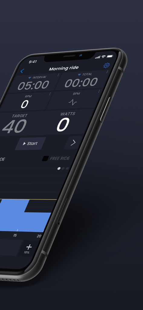 TrainerDay app workout screen showing indoor cycling metrics like power and cadence