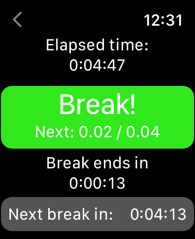 Heads up! - Poker Blind Timer - Apple Watch screen showing a poker tournament break timer and upcoming blind levels