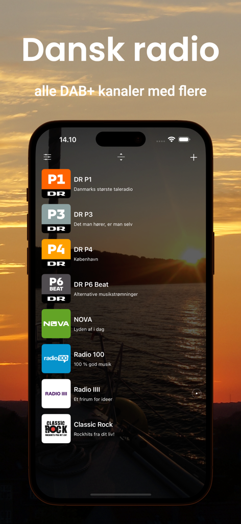 Radio+ - Radio+ mobile app interface showing a list of Danish radio stations over a sunset background.