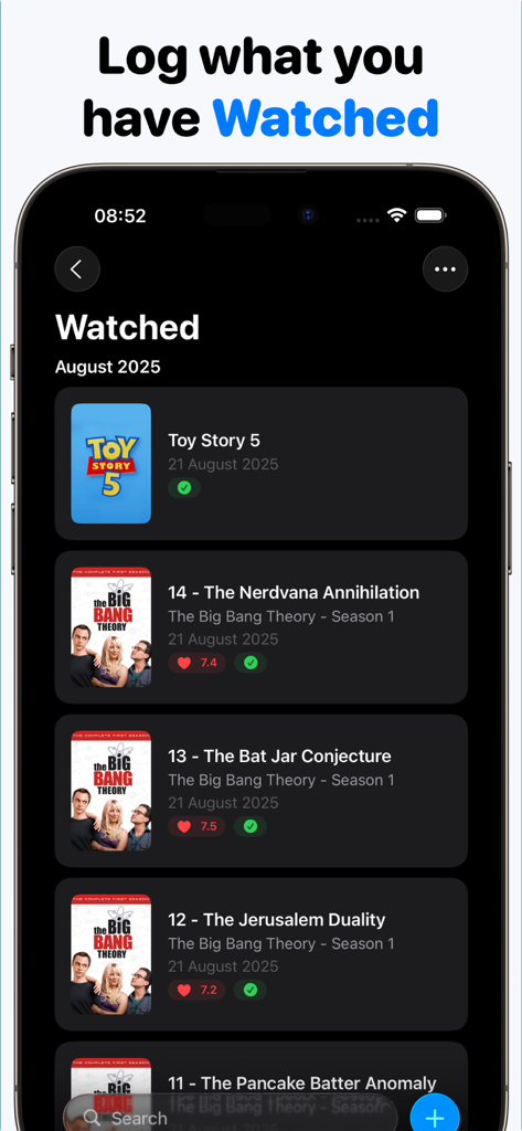 Movie Tracker: Watchlist - Captura de pantalla del iPhone de la aplicación Movie Tracker que muestra una lista de películas y episodios de series vistos recientemente