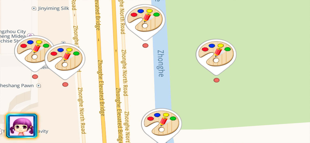 Visualização de mapa do aplicativo Paint World com pinos de paleta de artista indicando onde os usuários criaram desenhos digitais.