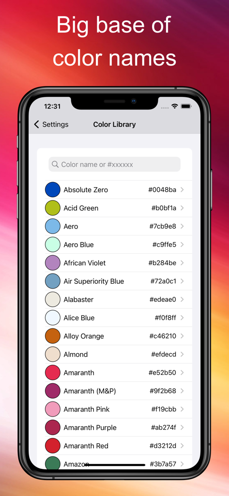색상 라이브러리의 포괄적인 색상 이름 및 16진수 값 목록을 보여주는 모바일 화면.
