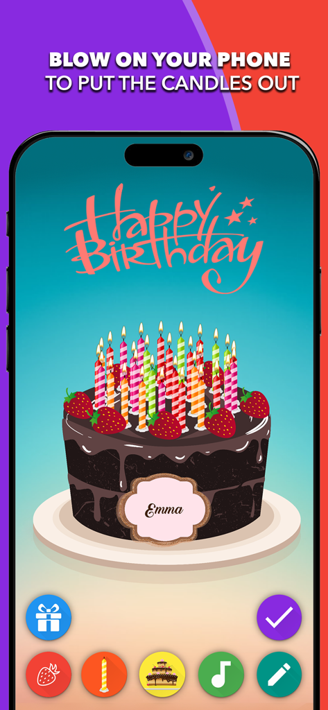 Interactive virtual chocolate birthday cake with lit candles and personalized name Emma