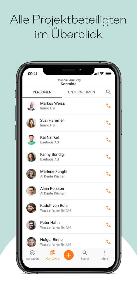 Screenshot der smino Mobile-App zeigt ein Verzeichnis von Stakeholdern und Teammitgliedern von Bauprojekten.