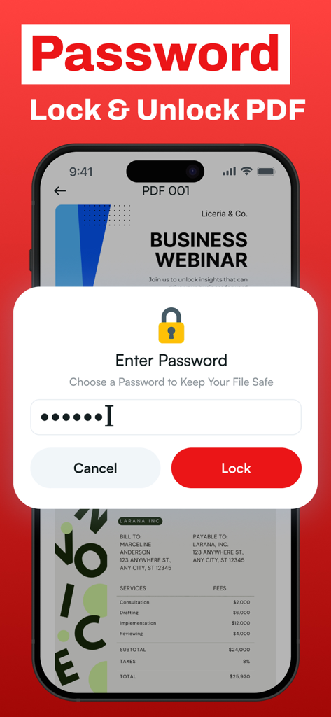 Interface de aplicativo móvel para bloquear e desbloquear documentos PDF com uma senha.
