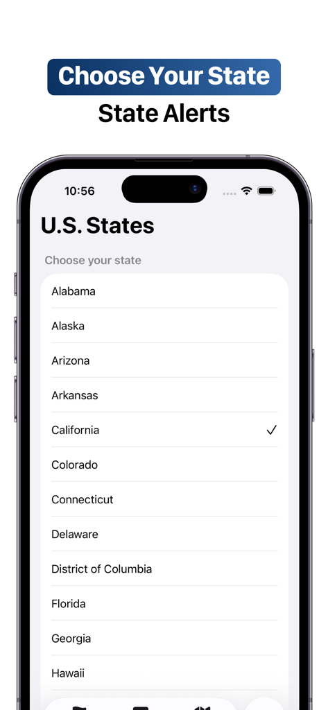 Half-Staff Flag Alerts - State selection menu for customized flag alerts in the Half-Staff Flag Alerts app