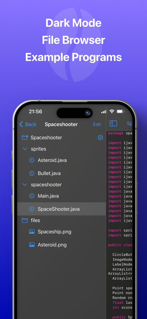 CodeBrew - IDE for Java - Screenshot of the CodeBrew Java IDE for iPhone showing a file browser with a game project and the code editor in dark mode.