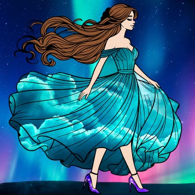 realistic woman in a dress flowing in the wind