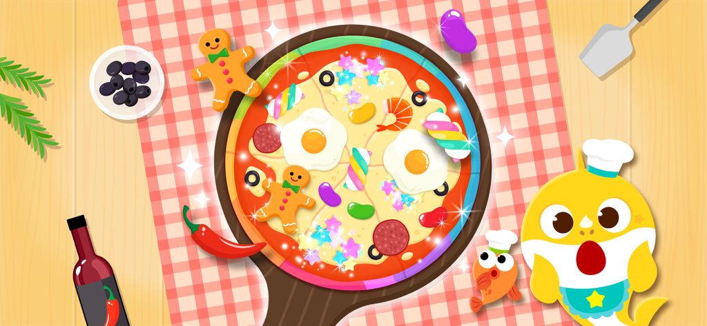 Baby Shark Pizza Game - Baby Shark chef looking surprised at a creative pizza decorated with gingerbread men eggs and candy toppings