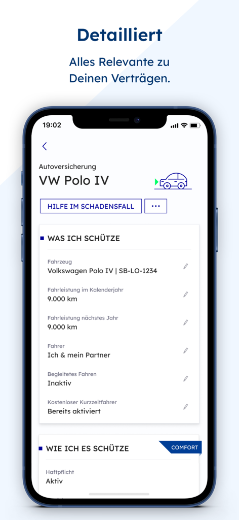 Smartphone screen showing car insurance policy details in meinCosmosDirekt app