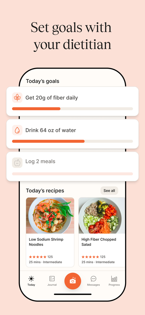 Nourish: Eating Well Made Easy - Interfaccia dell'app Nourish che mostra gli obiettivi nutrizionali giornalieri e ricette salutari personalizzate