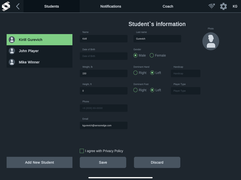 Interface of the SensorEdge App displaying student profile details and management tools for golf coaches.