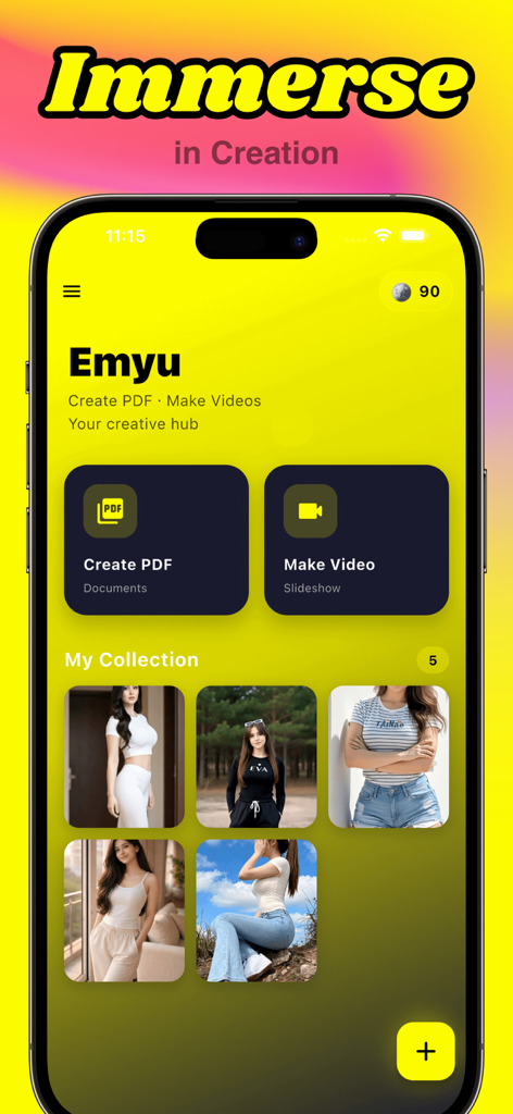 写真コレクションからPDFやビデオを作成するオプションを表示するEmyuアプリのダッシュボードインターフェース。