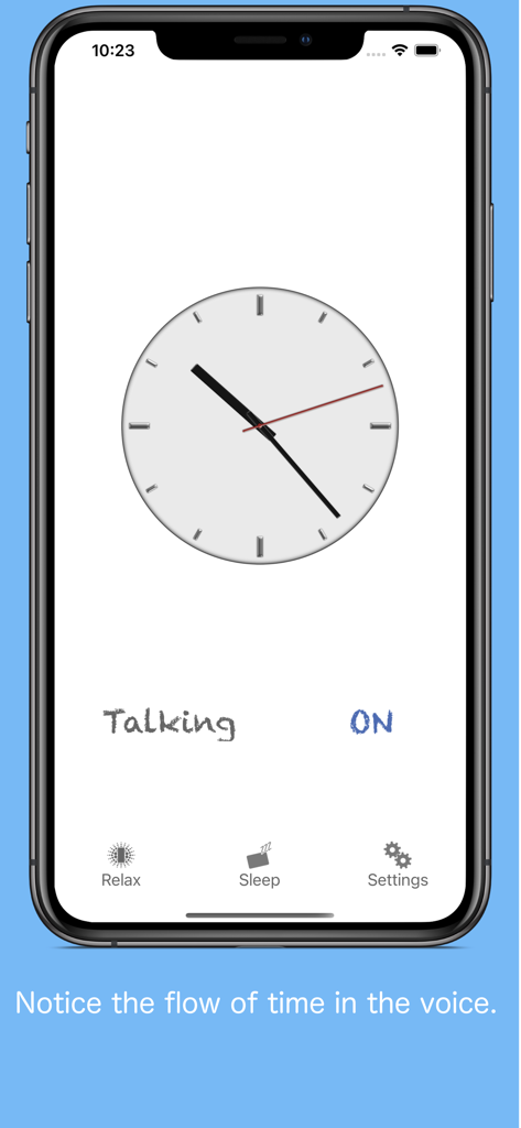 VoiceClock - Talking - VoiceClock Talking app main interface showing an analog clock and voice announcement settings.