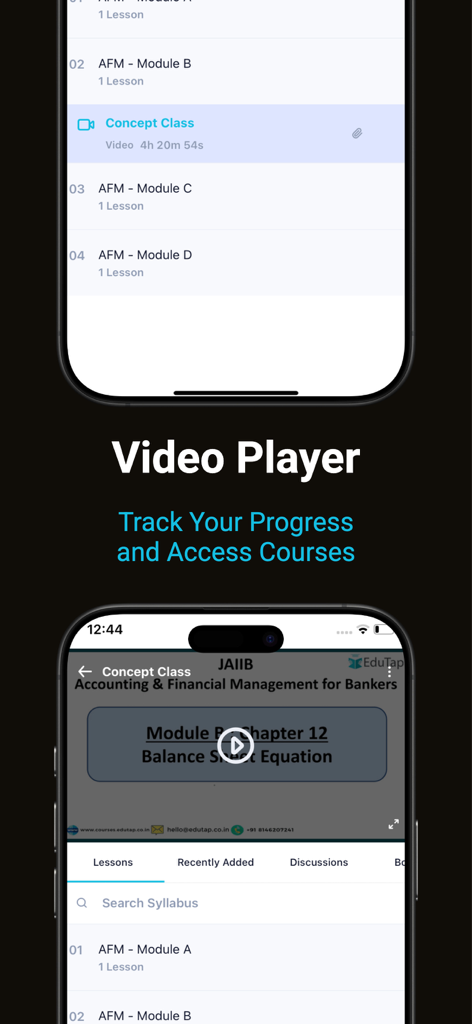 EduTap - EduTap mobile app interface for video lessons and course progress tracking