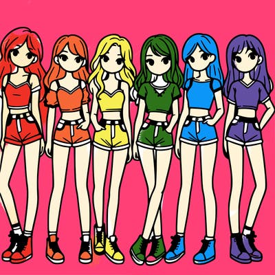 a group of girls wearing crop tops and shorts