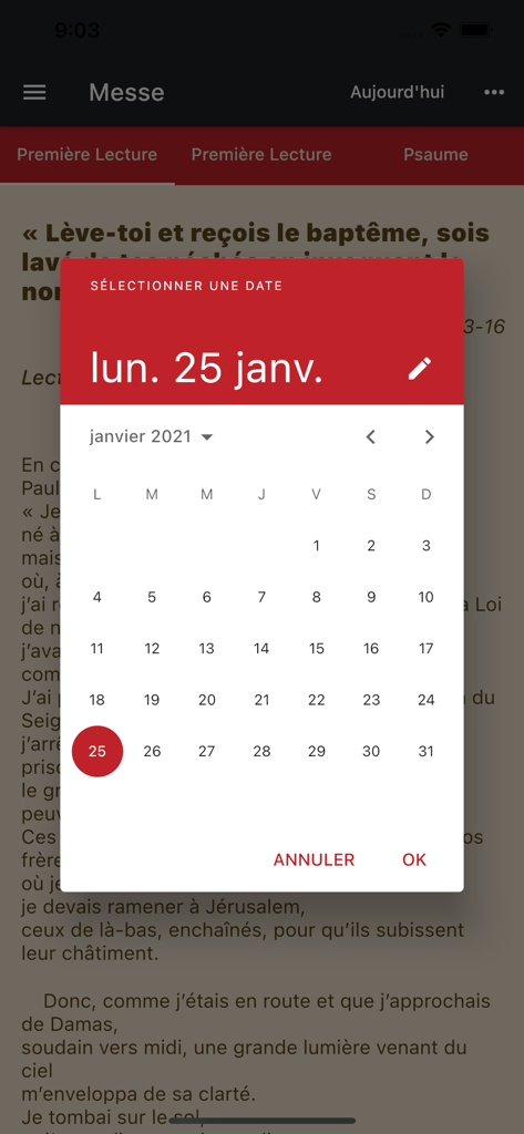 Selector de fecha del calendario para las lecturas litúrgicas en la aplicación Biblia AELF