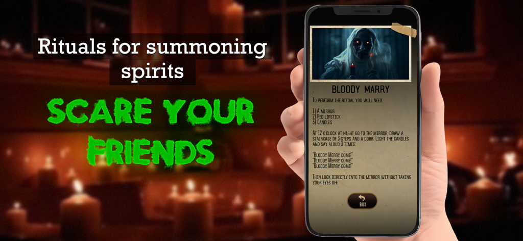 Ghost Detector Pro Radar - Phone screen showing spirit summoning rituals in the Ghost Detector Pro Radar app.