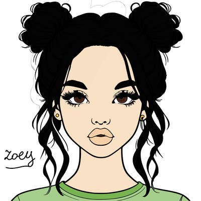 realistic girl with two buns in hair and lips