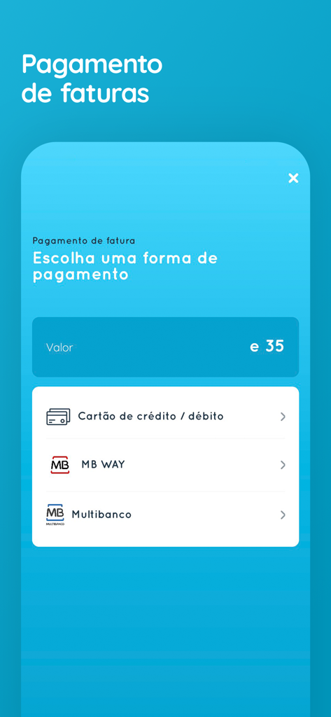 My CUF - 신용카드, MB WAY 및 Multibanco 옵션을 보여주는 의료 송장 결제를 위한 My CUF 앱 인터페이스.