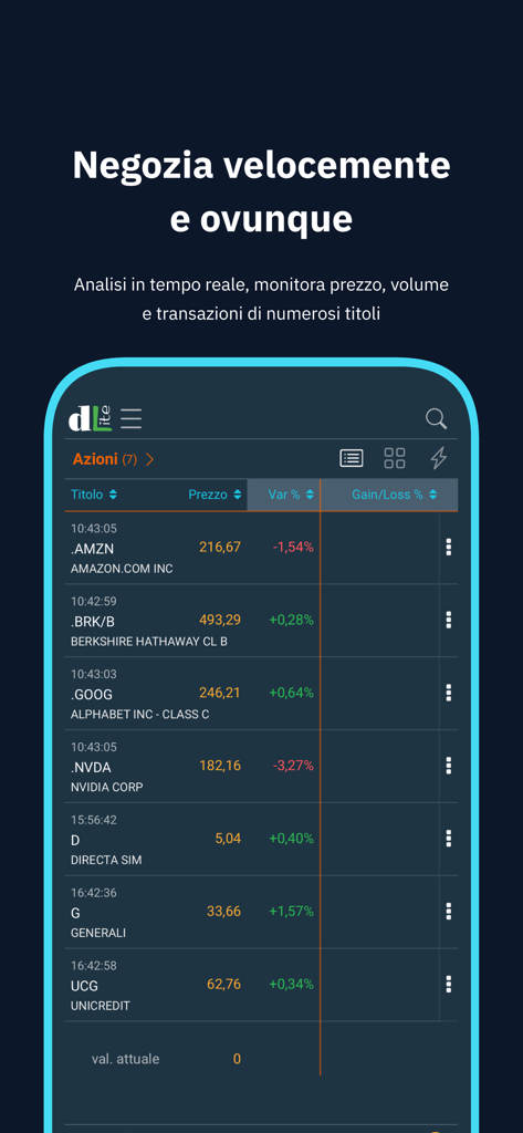 App mobile Directa che mostra i prezzi del mercato azionario in tempo reale e le opzioni di trading.