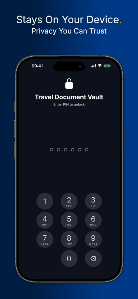 Schermata dell'iPhone che mostra una tastiera sicura per l'inserimento del PIN per sbloccare l'app Travel Document Vault per una maggiore privacy e archiviazione locale dei dati.