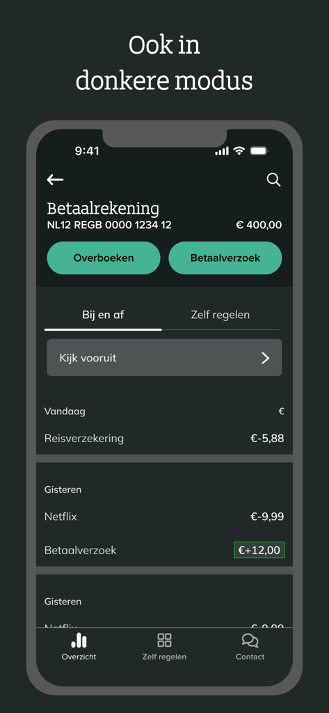 RegioBank - RegioBank mobile app dashboard in dark mode showing transaction history and account balance