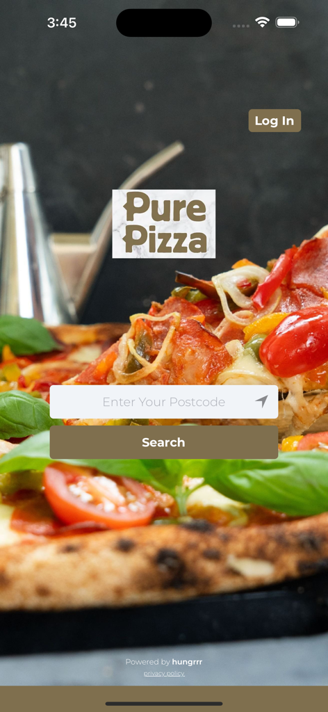 Pure Pizza - Pure Pizza app home screen with a search bar to enter postcode and a high quality pizza image background