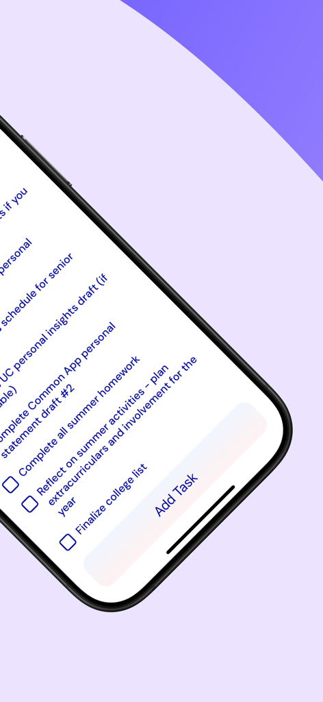 Mobile screen showing a college application task list with an Add Task button.