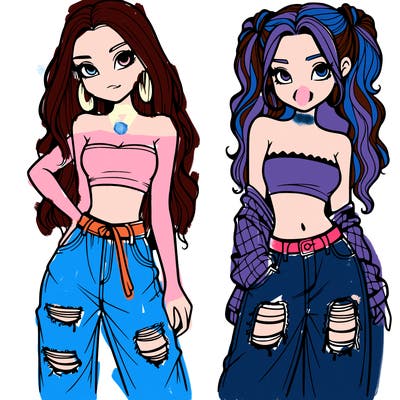 2 girls in crop tops and baggy jeans ripped
