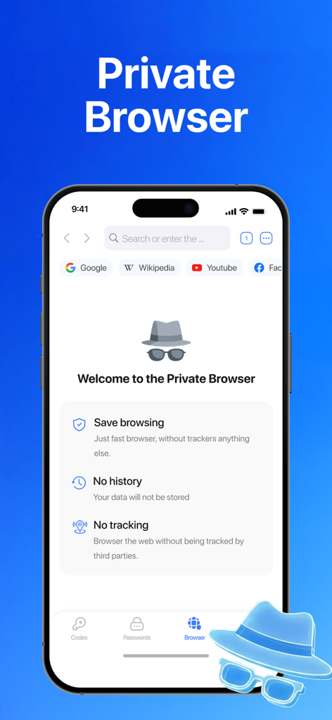 Interface do navegador privado do App Autenticador mostrando recursos de sem rastreamento e sem histórico de navegação
